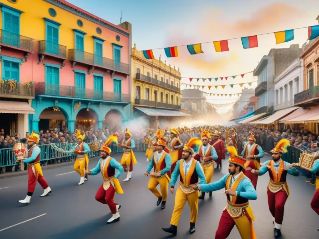 Vibrante pintura acuarela de las calles bulliciosas de Montevideo durante el Carnaval Uruguayo