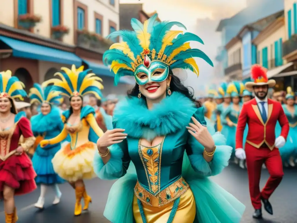 Vibrante pintura acuarela del Carnaval Uruguayo: Experiencias inmersivas Carnaval Uruguayo