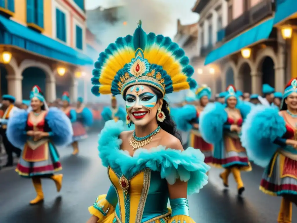 Vibrante pintura acuarela del Carnaval Uruguayo, con desfile colorido y energético