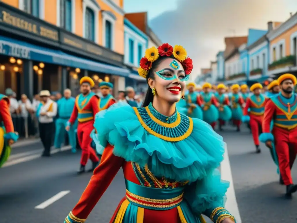 Vibrante pintura acuarela del Carnaval Uruguayo 2021 con desfile colorido y animado