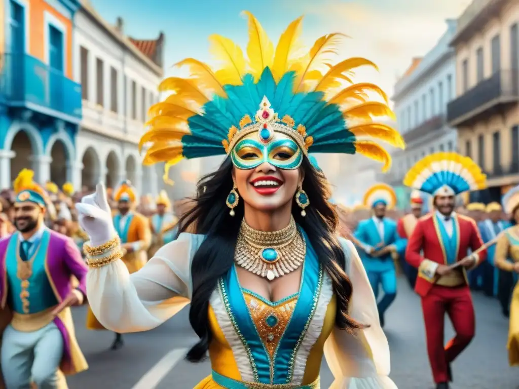 Vibrante pintura acuarela del Carnaval en Uruguay: coloridos trajes, bailarines y música tradicional en las calles