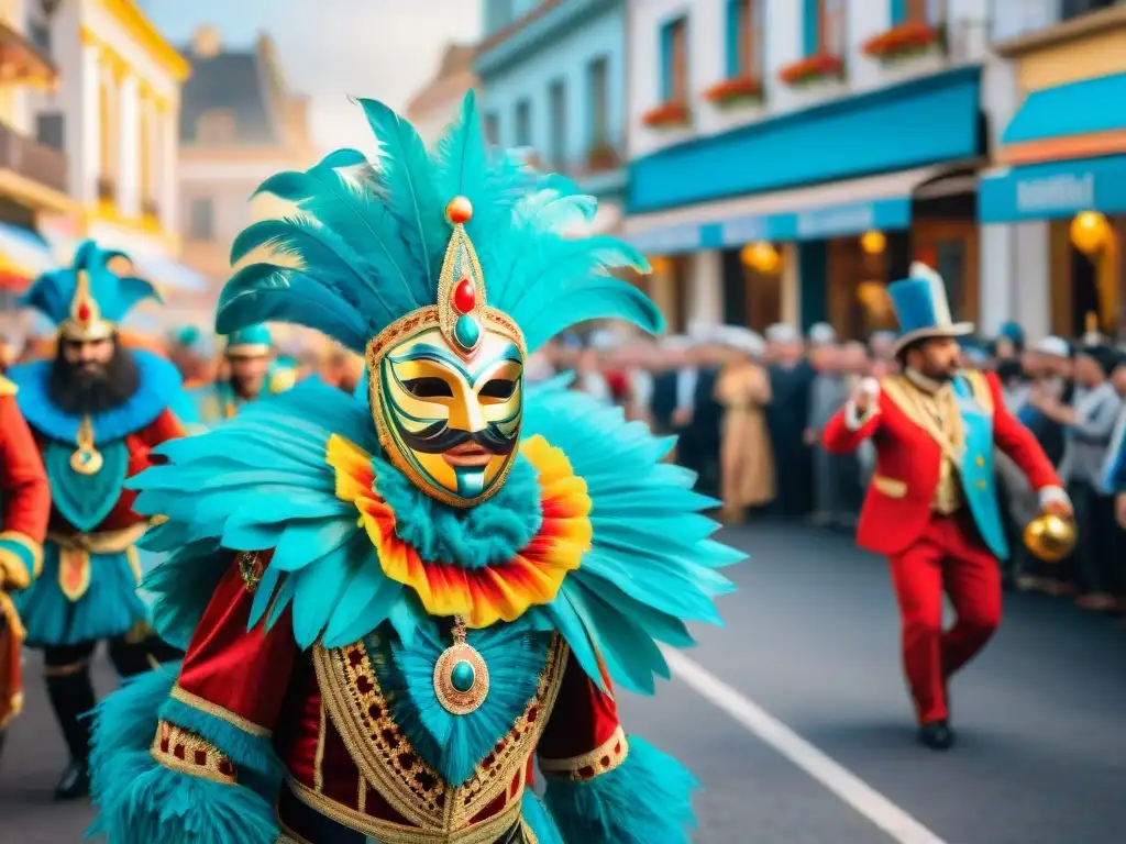 Vibrante pintura acuarela del Carnaval en Uruguay, con coloridos trajes, máscaras tradicionales y bailarines festivos