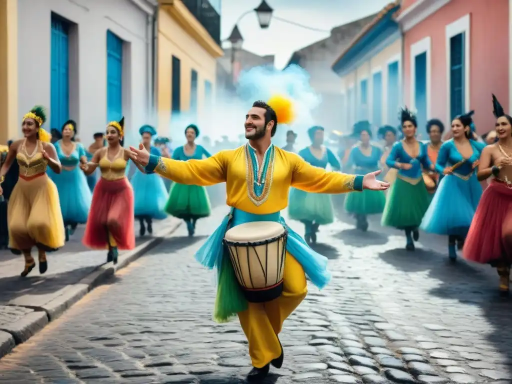 Vibrante pintura de acuarela de Carnaval en Uruguay con Candombe, coloridos trajes y alegres danzantes en las calles empedradas