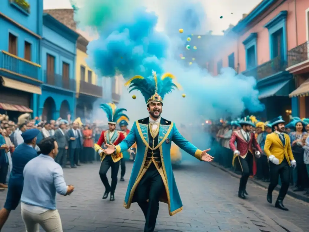 Vibrante pintura acuarela del Carnaval Uruguayo con coloridos desfiles y espectadores emocionados