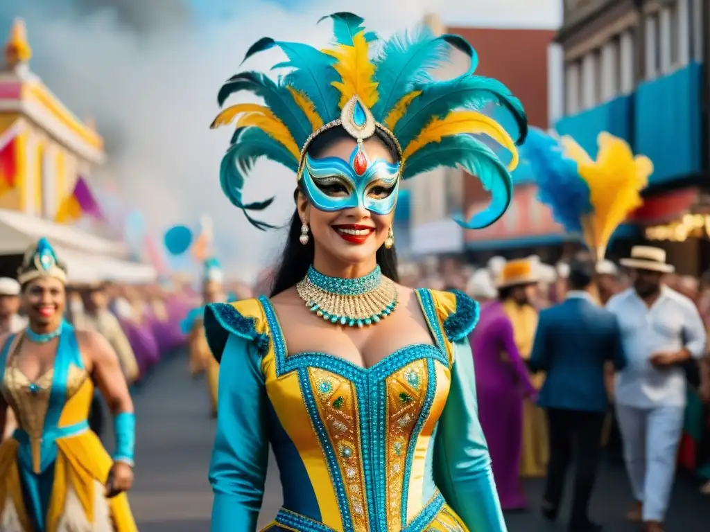 Vibrante pintura acuarela del Carnaval Uruguayo, diversidad e inclusión en revistas