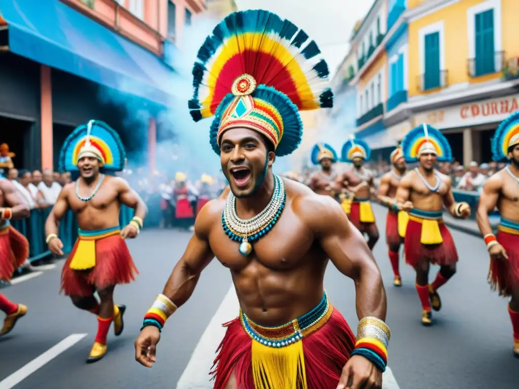 Vibrante pintura acuarela del Carnaval Uruguayo, con bailarines coloridos y energía contagiosa