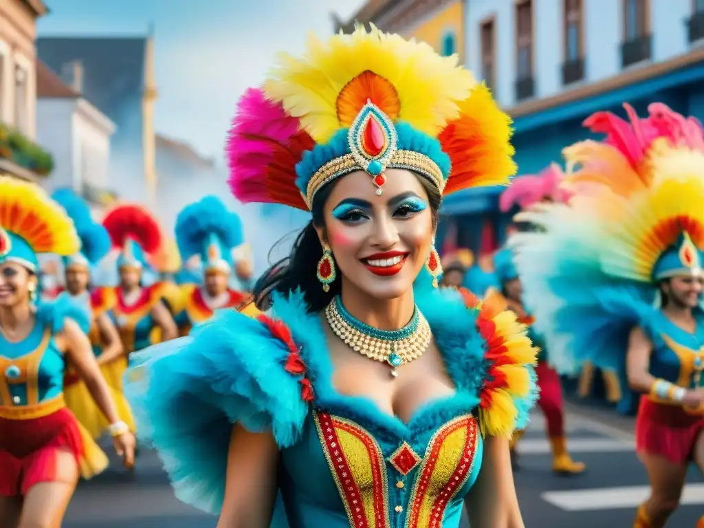 Vibrante pintura acuarela del Carnaval Uruguayo, con coloridos trajes y desfile festivo en la calle