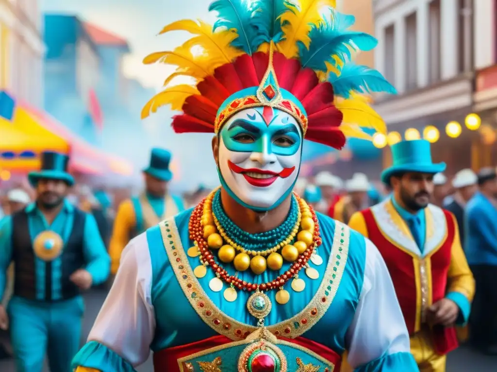 Vibrante pintura acuarela del Carnaval Uruguayo, resalta la Importancia de las murgas uruguayas