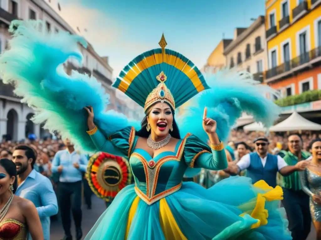 Vibrante pintura acuarela del Carnaval en Uruguay con desfiles coloridos y músicos, eventos corporativos Carnaval Uruguay destacar