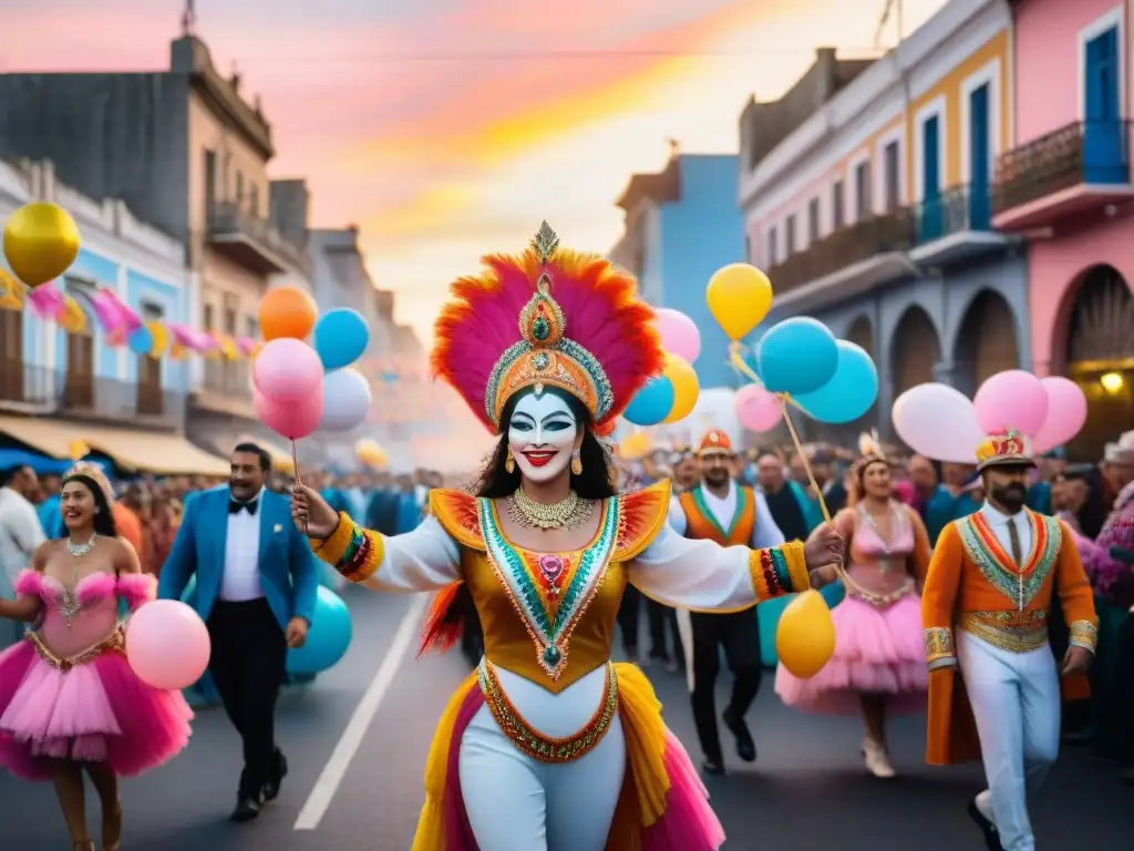 Vibrante pintura acuarela de Carnaval en Uruguay: desfile de bailarines y arquitectura festiva al atardecer