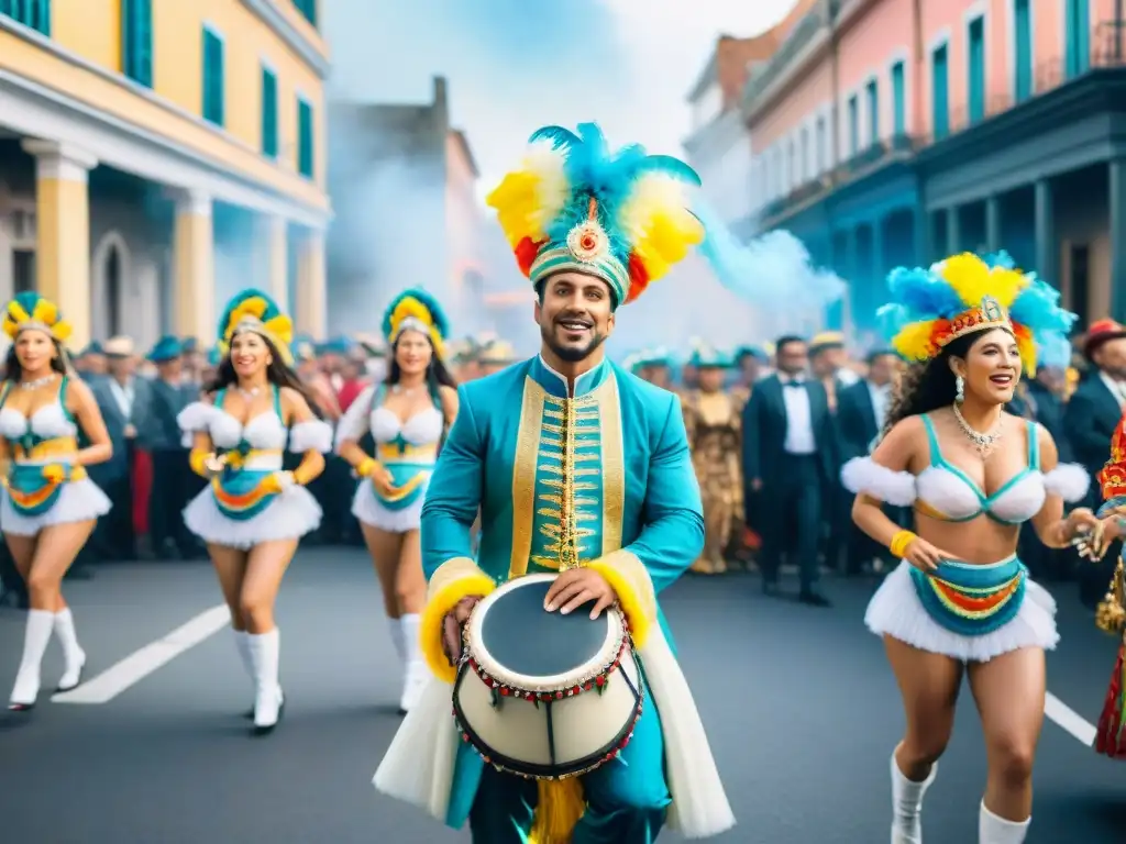 Vibrante pintura acuarela del Carnaval en Uruguay, capturando el impacto económico de las bandas