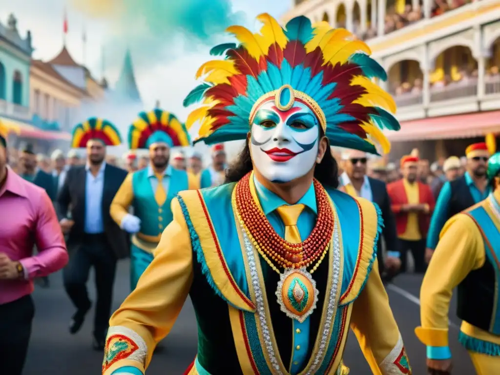 Vibrante pintura acuarela del Carnaval Uruguayo difusión internacional digital, con desfile colorido y alegre