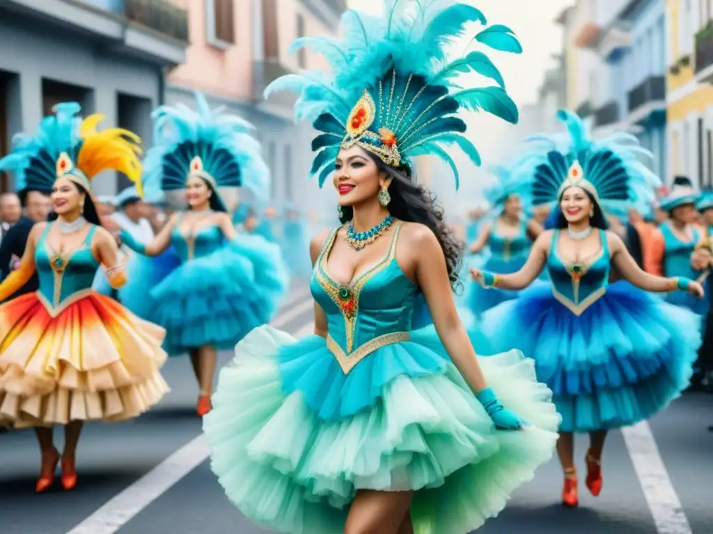 Vibrante pintura acuarela del Carnaval Uruguayo difusión internacional digital, con deslumbrantes trajes y danzas festivas