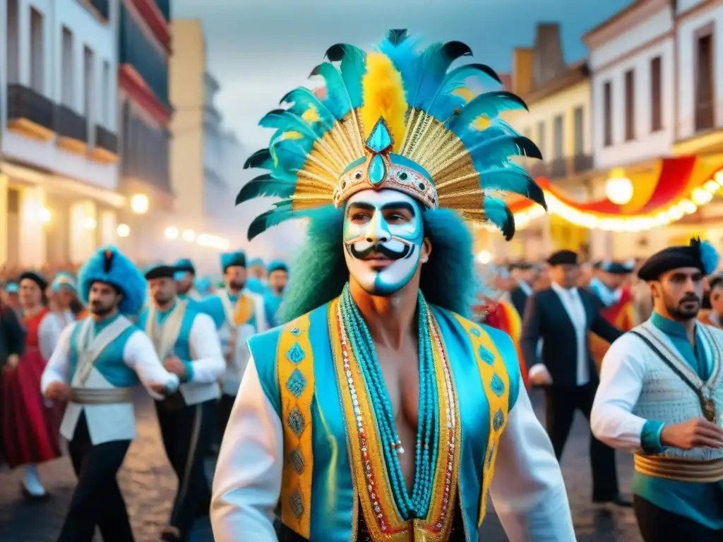 Vibrante pintura acuarela del Carnaval Uruguayo, con deslumbrantes trajes y música tradicional, sumergiendo en la historia de Uruguay