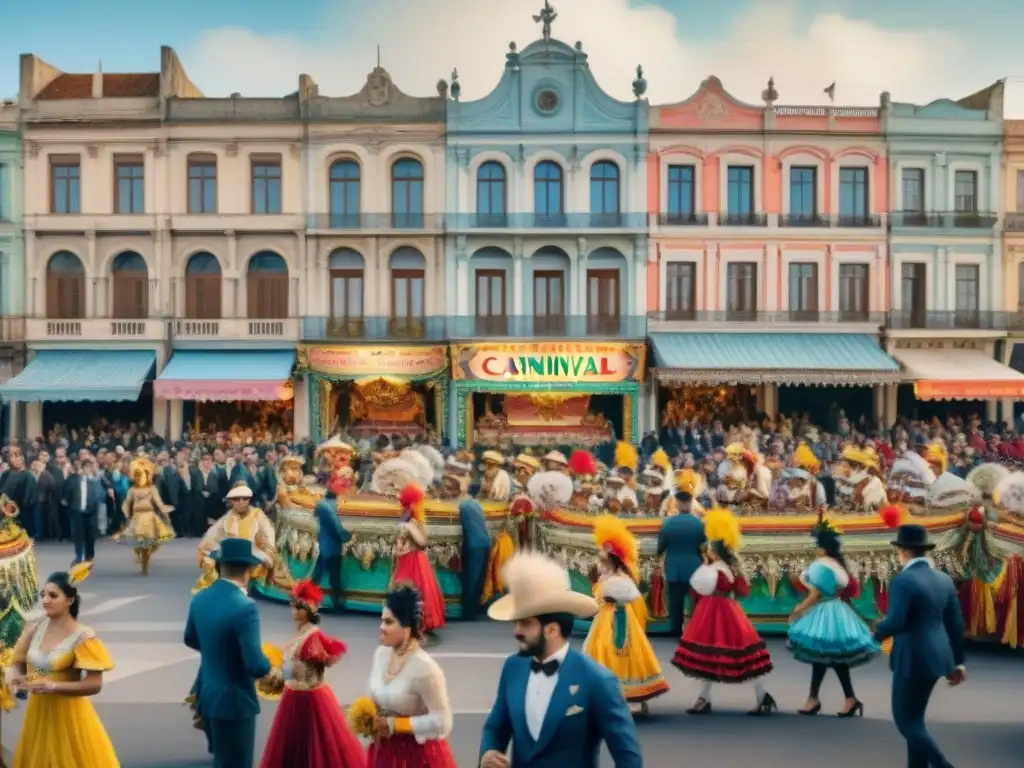 Vibrante pintura acuarela del Carnaval en Uruguay del siglo XX, con floats y trajes coloridos, música y arquitectura histórica