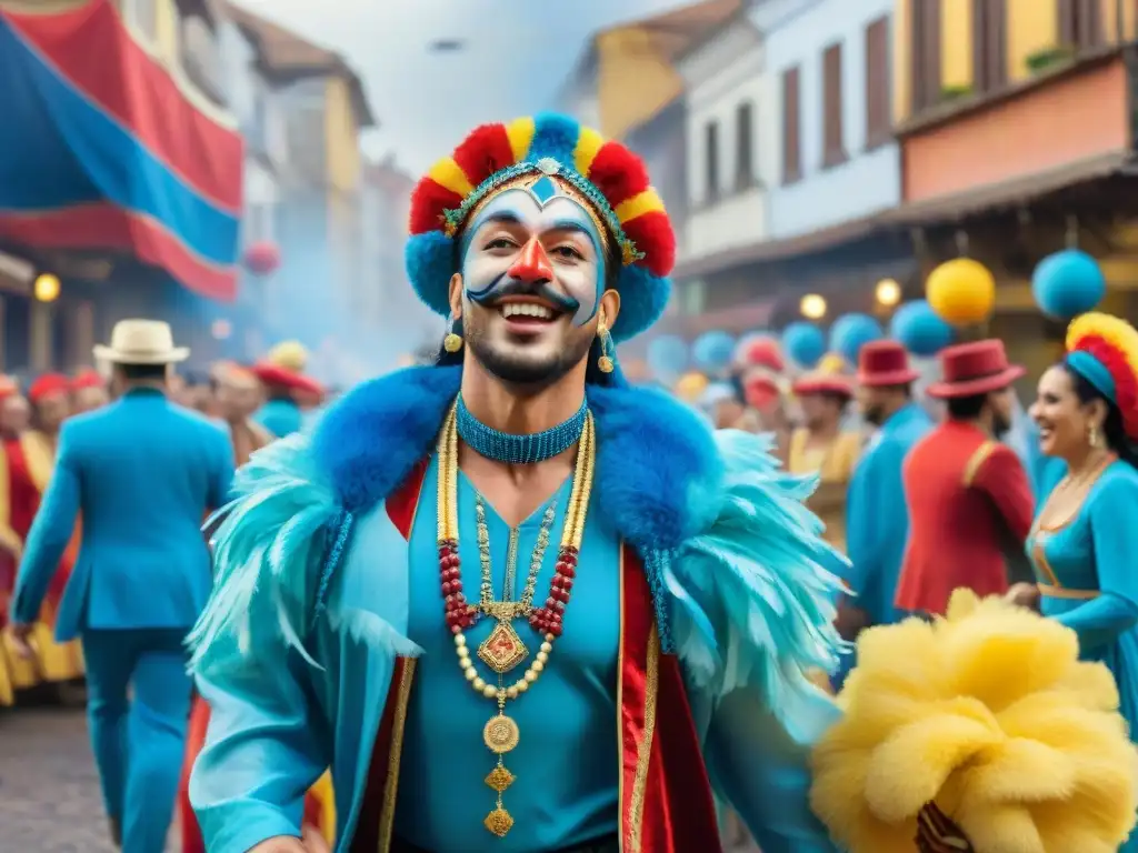 Vibrante pintura acuarela del Carnaval Uruguayo con coloridos desfiles y espectadores