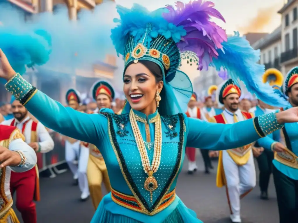 Vibrante pintura acuarela del Carnaval Uruguayo con carrozas detalladas, trajes coloridos y músicos entusiastas