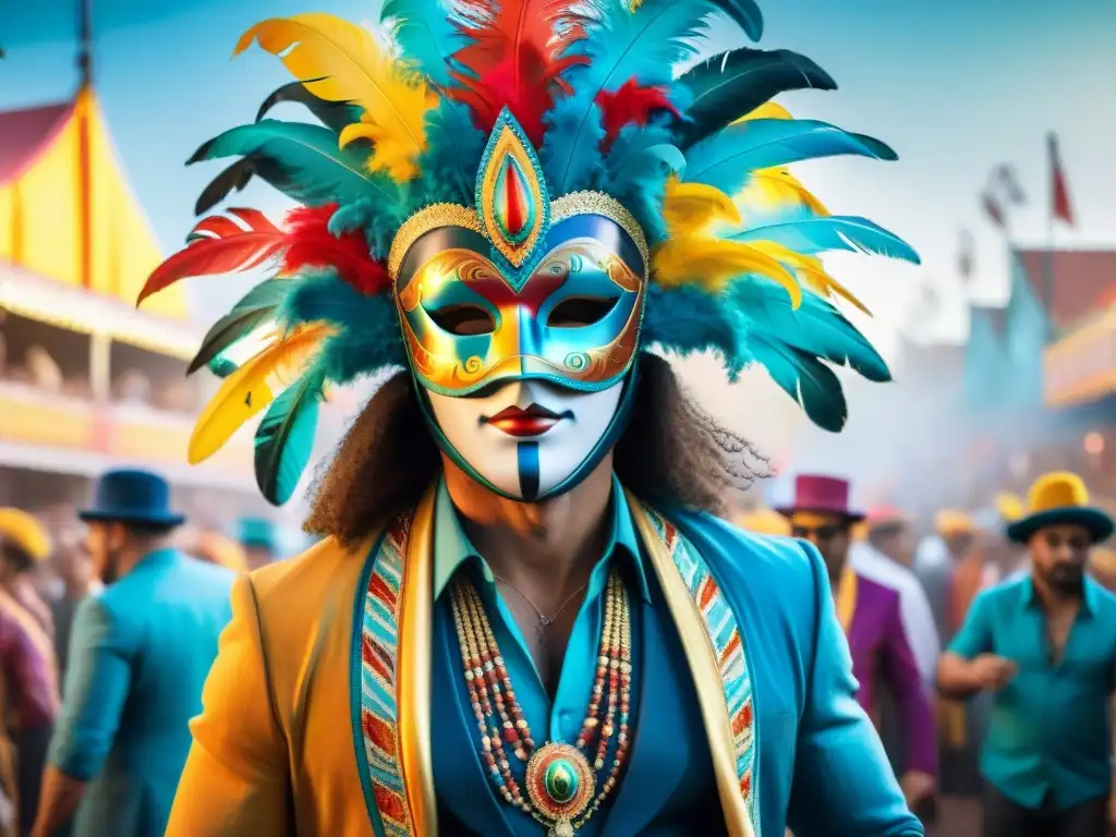 Vibrante pintura acuarela del Carnaval Uruguayo, con máscara adornada de plumas y patrones, simbolizando la magia del Carnaval Uruguayo