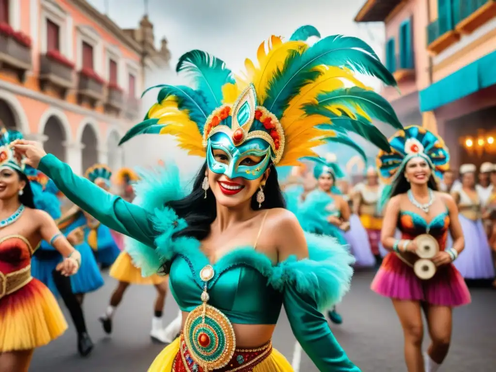 Vibrante pintura acuarela del Carnaval Uruguayo con máscaras, trajes coloridos y bailarines