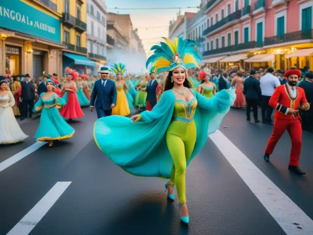 Vibrante pintura acuarela de Carnaval Uruguayo con bailarines, música y carrozas