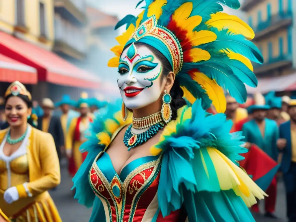 Vibrante pintura acuarela del Carnaval en Uruguay, con desfile de coloridos carros alegóricos y bailarines en trajes tradicionales