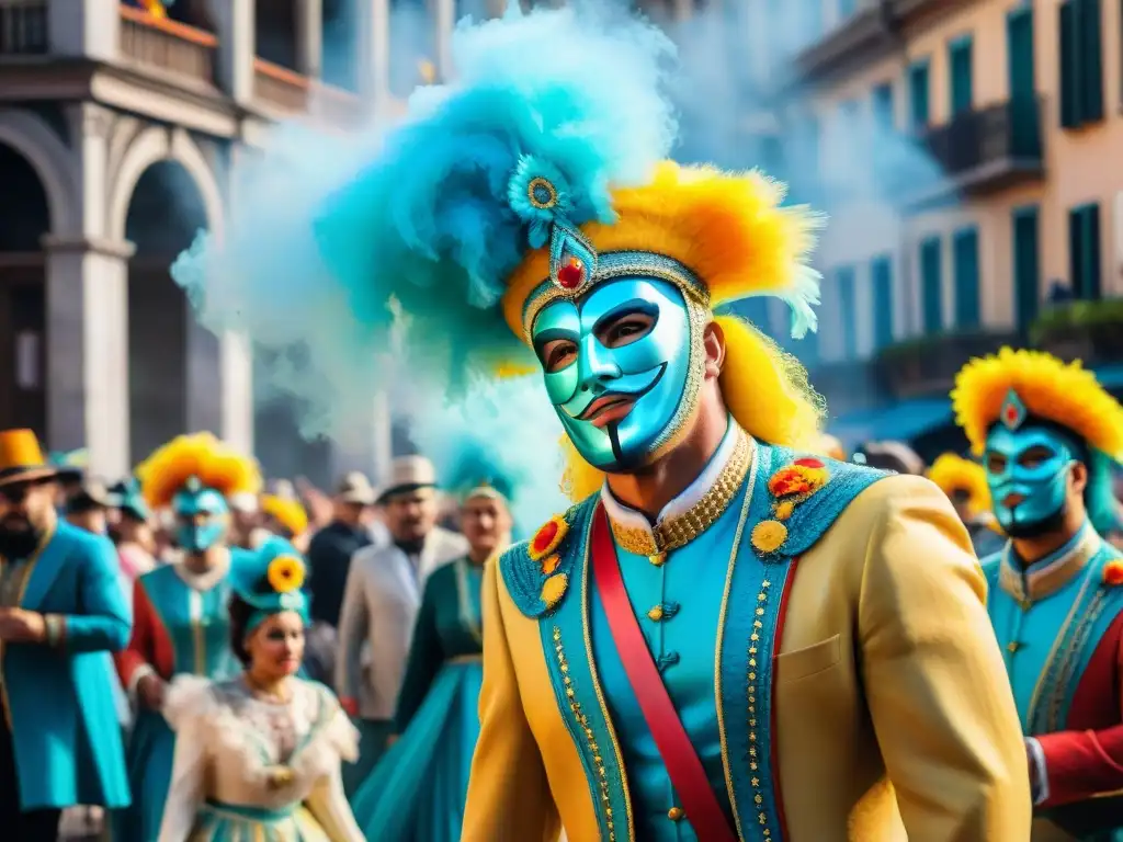 Vibrante pintura acuarela del Carnaval Uruguayo con disfraces coloridos y música alegre