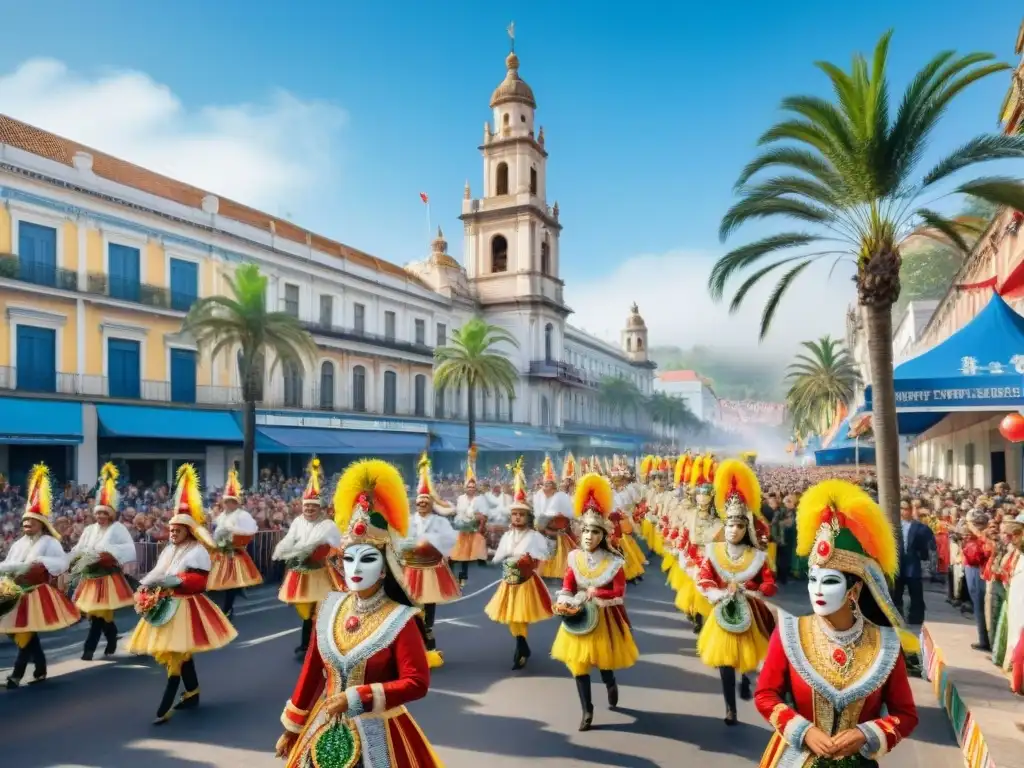 Vibrante pintura acuarela del Carnaval Uruguayo con desfile colorido y espectadores animados