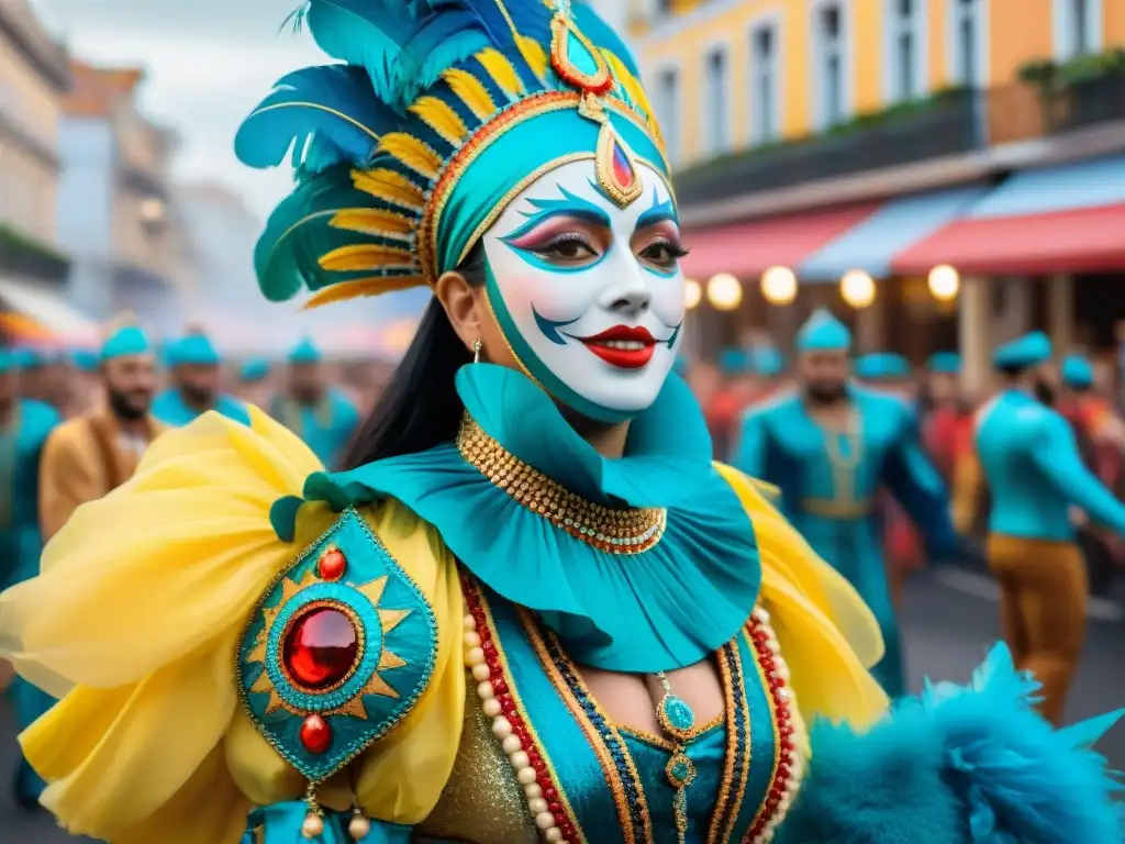 Vibrante pintura acuarela del Carnaval Uruguayo: desfile lleno de color, danzas y espectadores animados