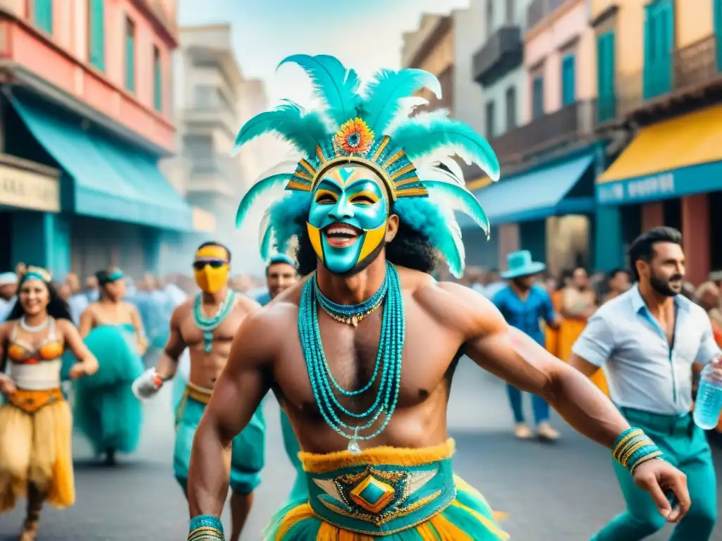 Vibrante pintura acuarela de Carnaval en Montevideo, con trajes coloridos y baile, resaltando la hidratación durante Carnaval Uruguayo