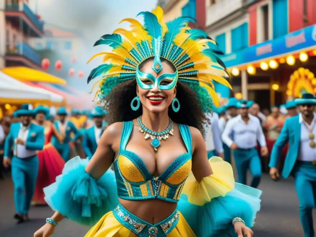 Vibrante pintura acuarela del Carnaval Uruguayo con bailarines y desfiles coloridos