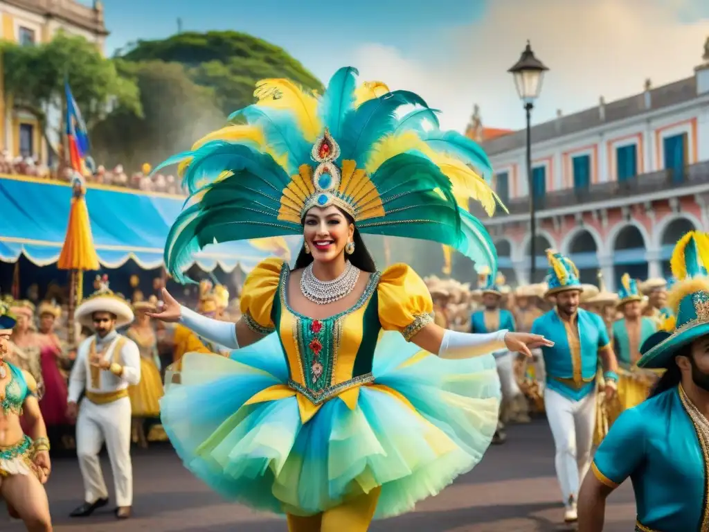 Vibrante pintura acuarela del Carnaval en Uruguay: desfile colorido, música tradicional y arquitectura colonial