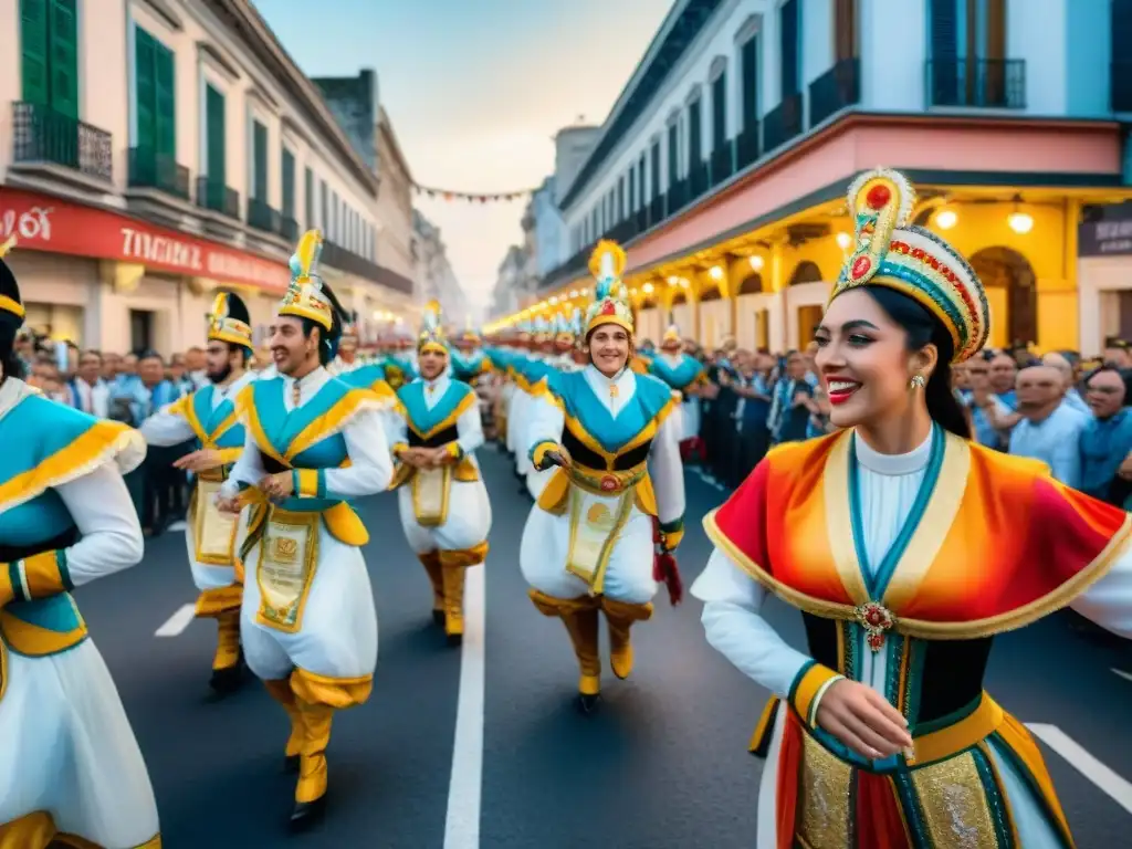 Deslumbrante desfile de Carnaval en Uruguay Vibrante pintura acuarela del Carnaval en Uruguay con carrozas coloridas, bailarines y espectadores animados