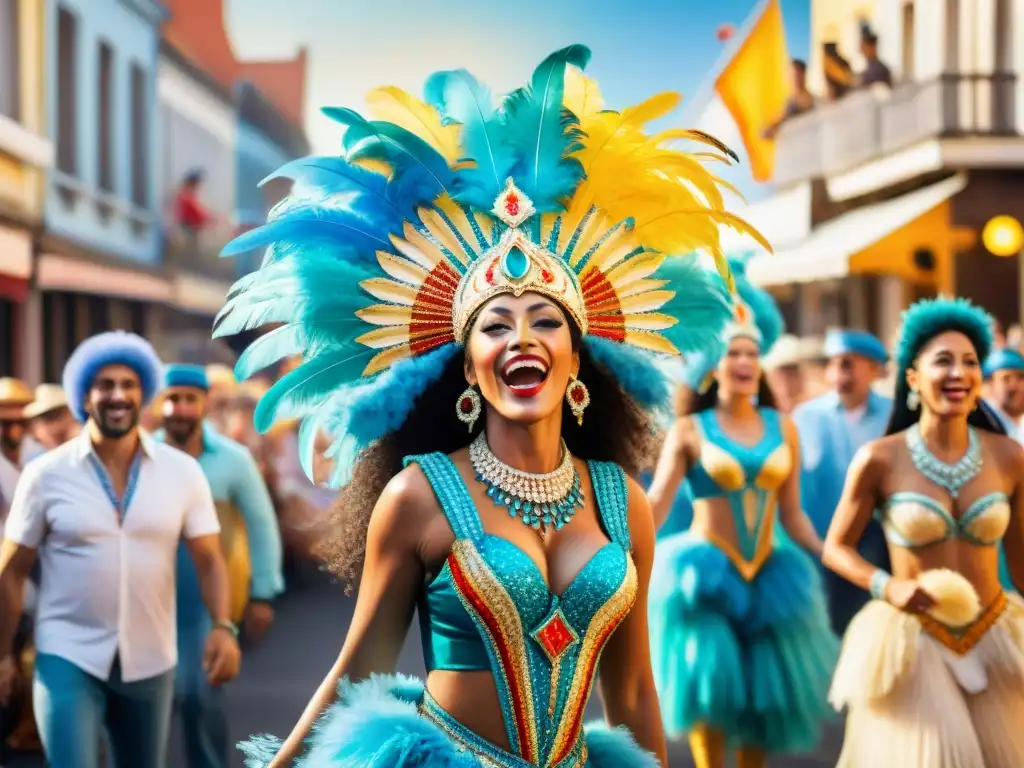 Vibrante pintura acuarela del Carnaval en Uruguay, con desfile de bailarines y músicos