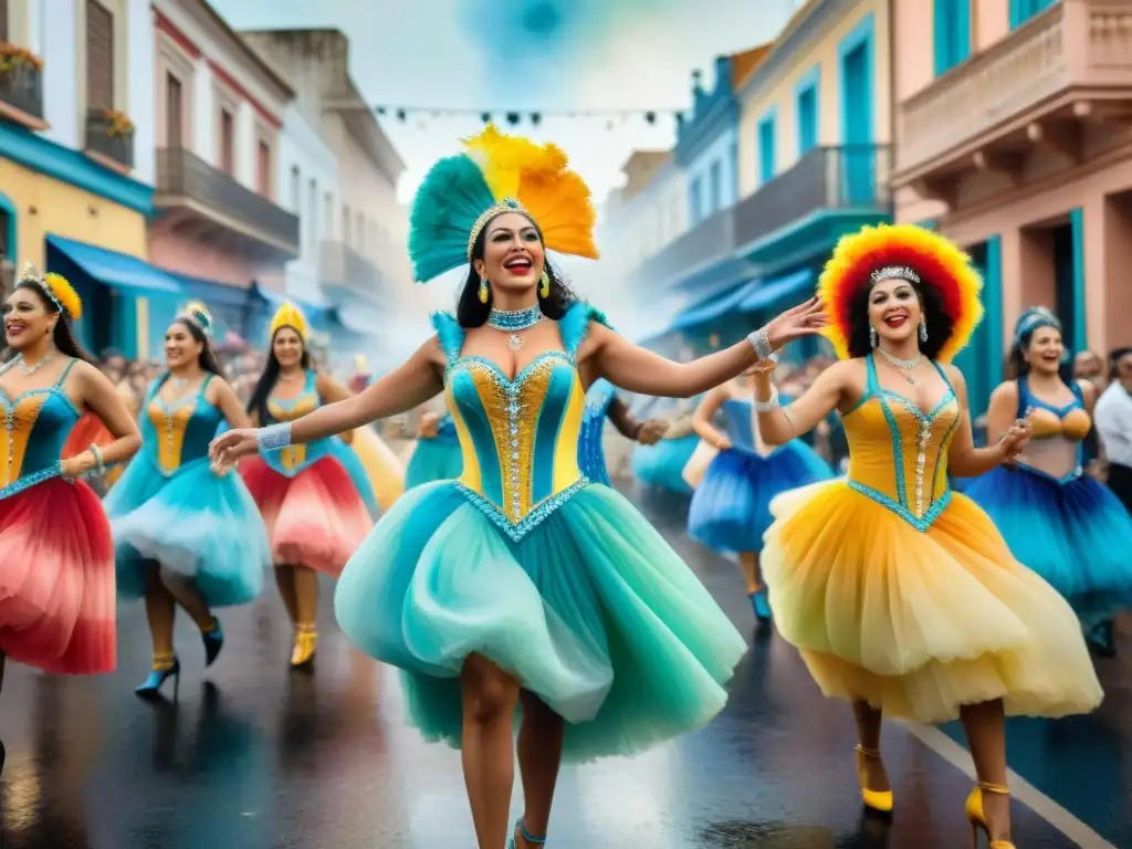 Vibrante pintura acuarela de Carnaval Uruguayo: bailarines y arquitectura histórica reflejan los Orígenes históricos Carnaval Uruguayo