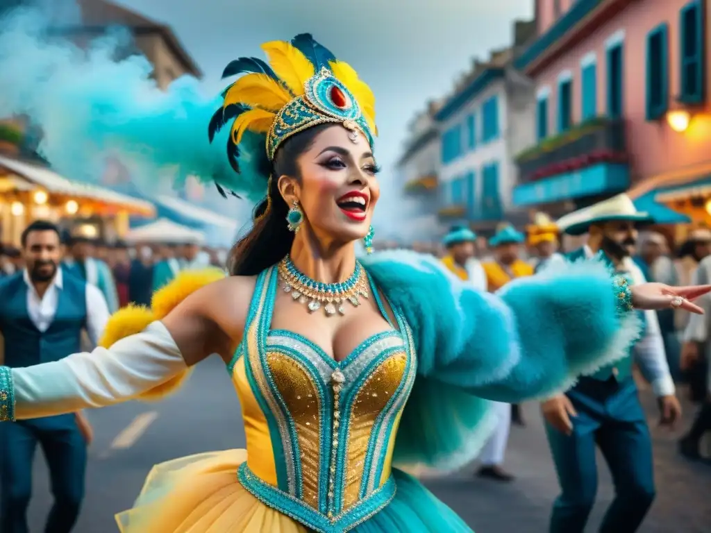 Vibrante pintura acuarela del Carnaval Uruguayo, con coloridos bailarines y espectadores emocionados