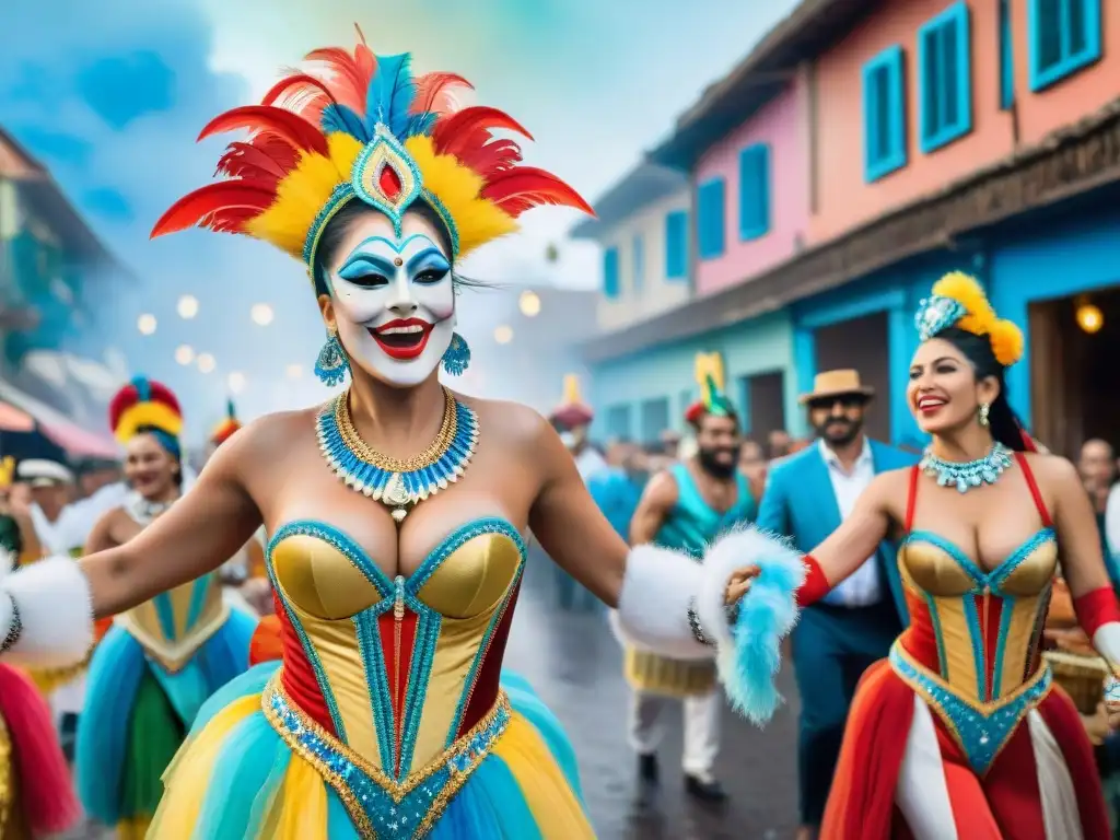 Carnaval en Uruguay: Alegría y Colorido Vibrante pintura acuarela del Carnaval en Uruguay, con gente bailando en trajes coloridos y música tradicional