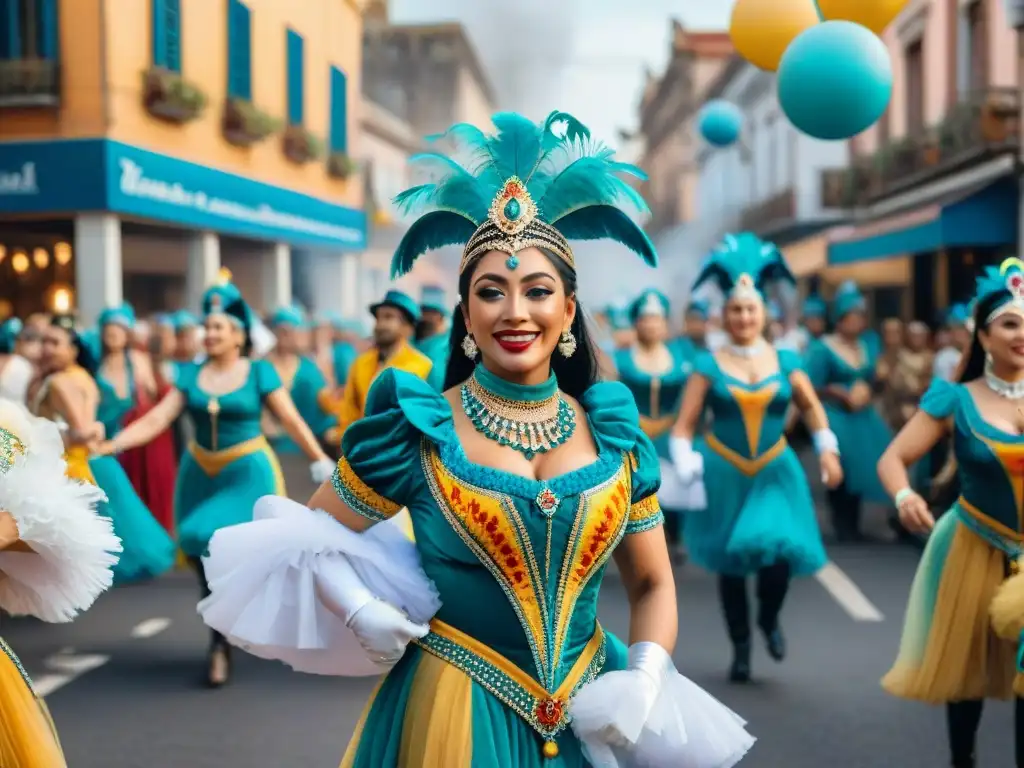 Vibrante pintura acuarela del Carnaval Uruguayo con bailarines y carrozas, reflejando la alegría y energía festiva