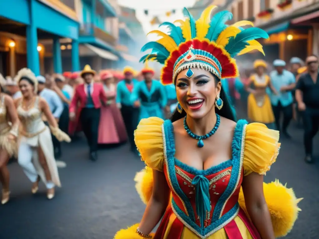 Vibrante pintura acuarela del Carnaval Uruguayo, cultura comunitaria en su máximo esplendor