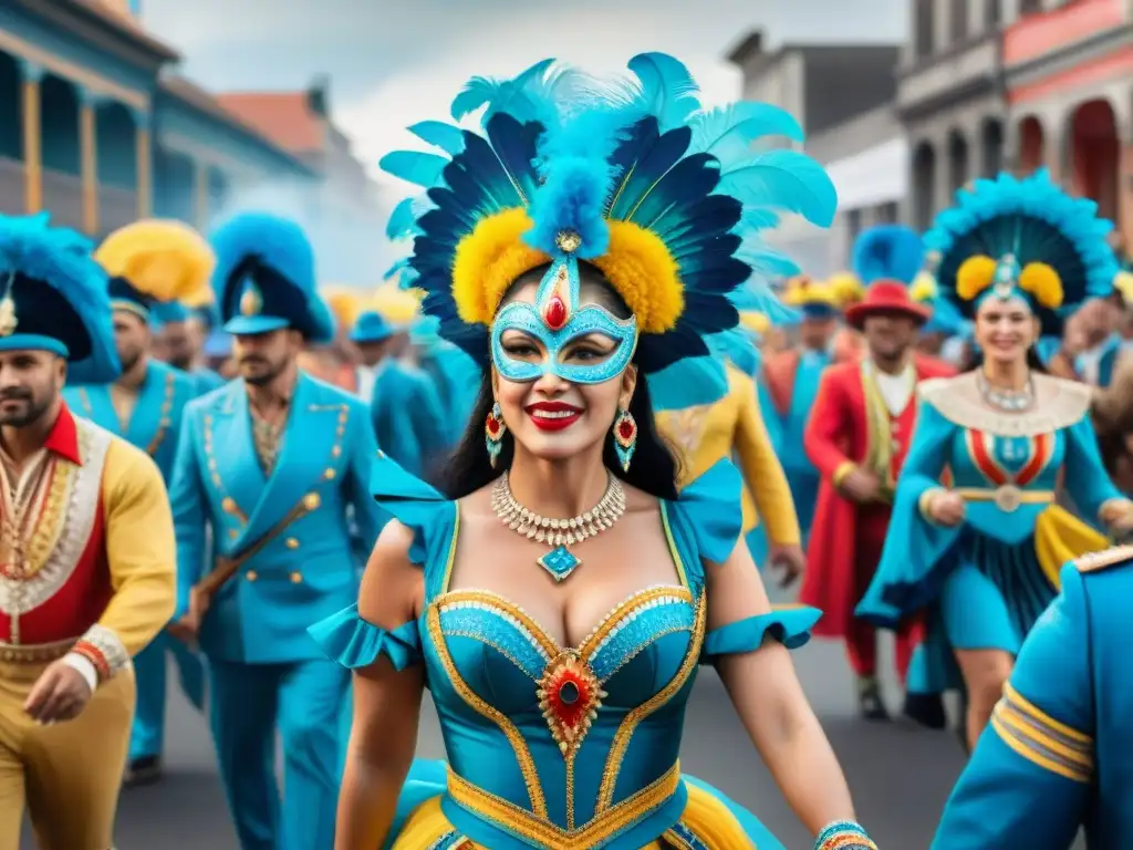 Vibrante pintura acuarela del Carnaval en Uruguay, con trajes tradicionales y modernos