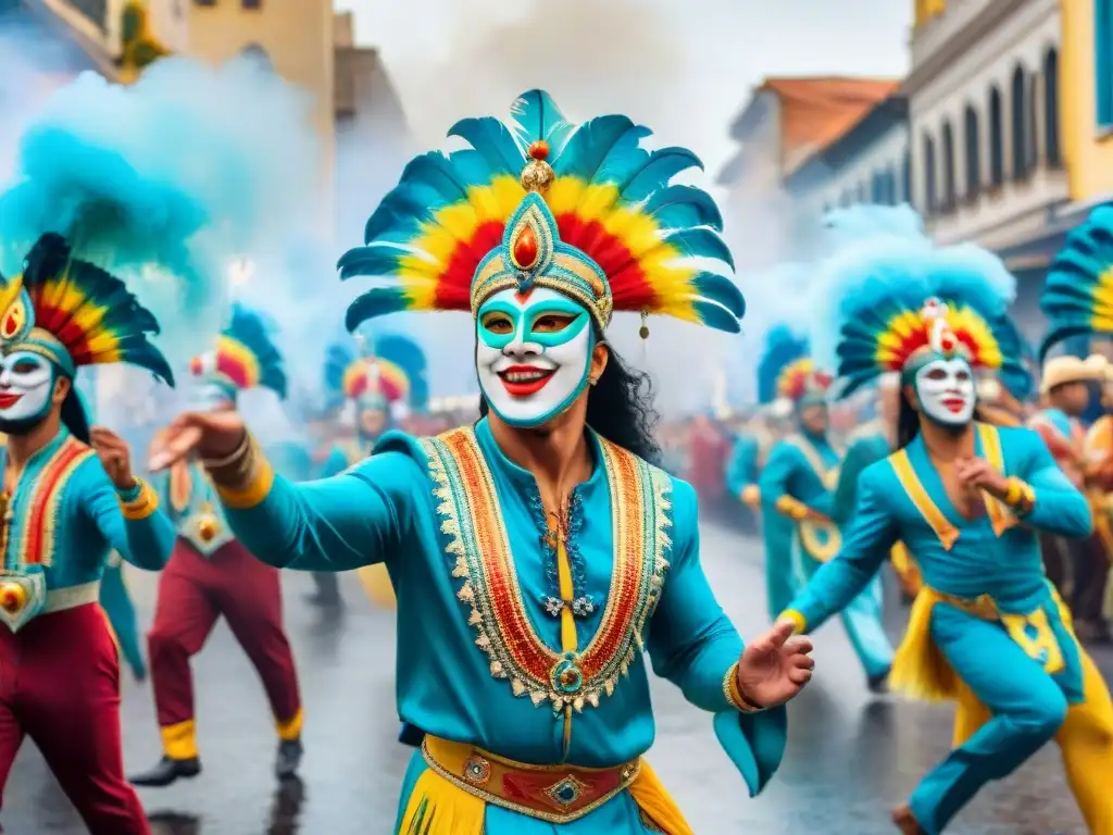 Vibrante pintura acuarela del Carnaval Uruguayo con trajes coloridos y danzas exuberantes