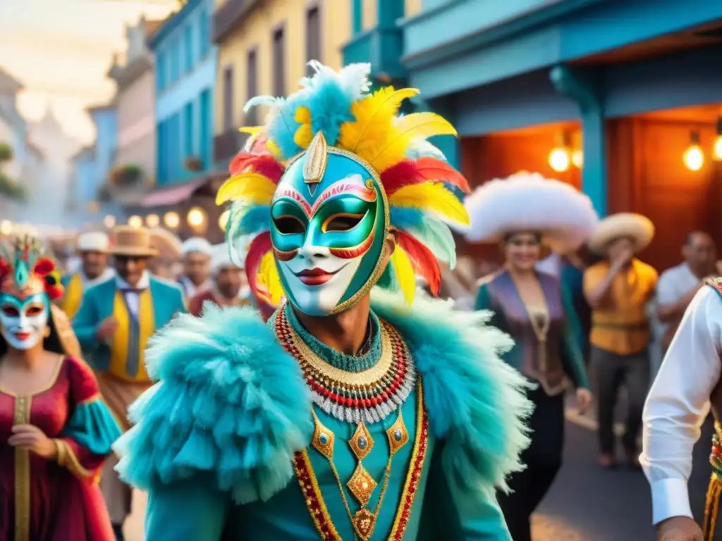 Vibrante pintura acuarela del Carnaval Uruguayo con máscaras detalladas, trajes coloridos y bailarines energéticos