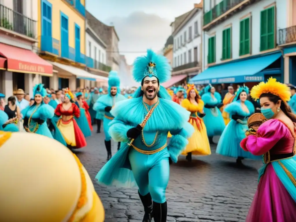 Vibrante pintura acuarela de Carnaval en Uruguay, con desfiles coloridos y espectadores alegres