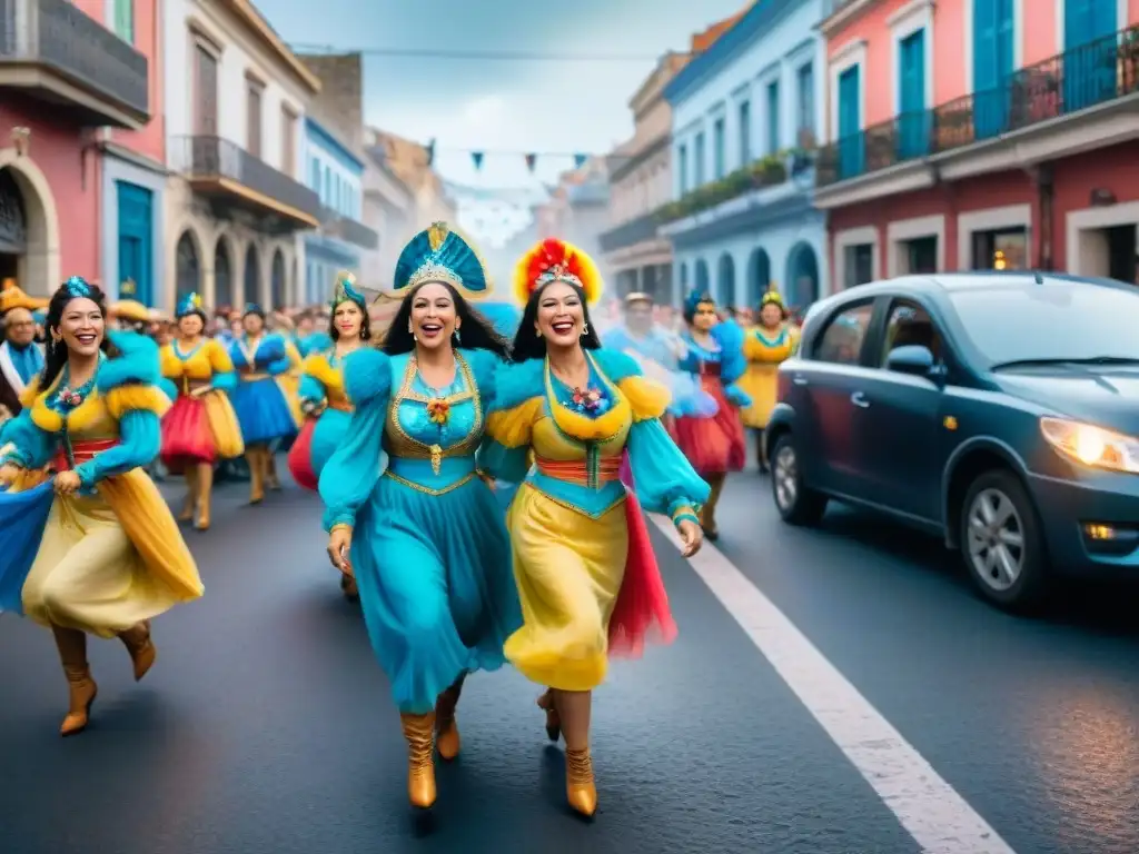 Vibrante pintura acuarela de Carnaval en Uruguay: bailarines, música y comida callejera