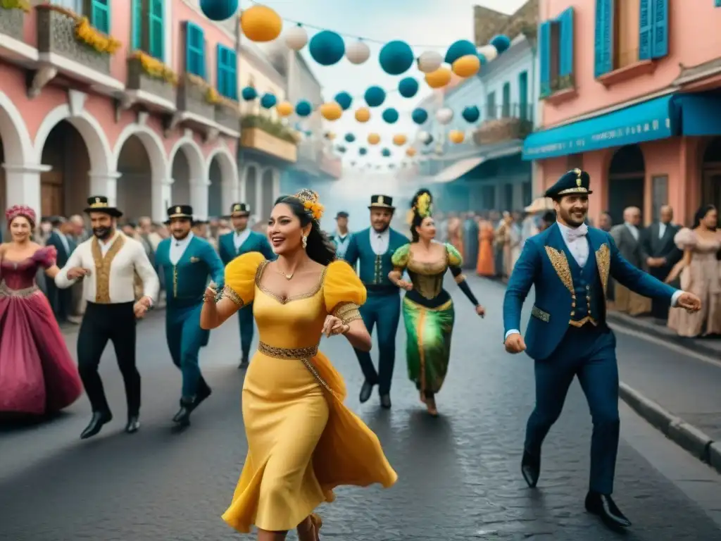 Vibrante pintura acuarela de Carnaval en Uruguay, con colores, baile y decoraciones festivas