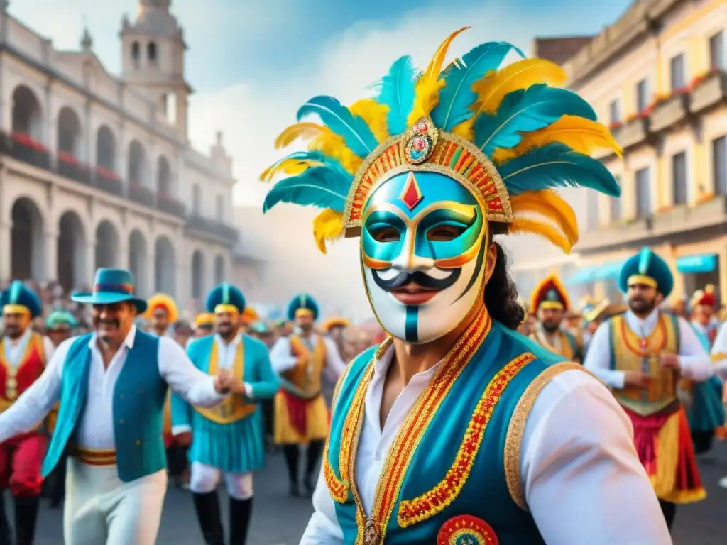 Vibrante pintura acuarela del Carnaval en Uruguay, con comparsas coloridas y riqueza cultural Carnaval Uruguayo