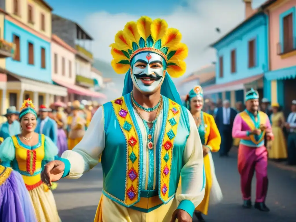 Una vibrante pintura acuarela del Carnaval en el interior de Uruguay, con desfile colorido y música tradicional