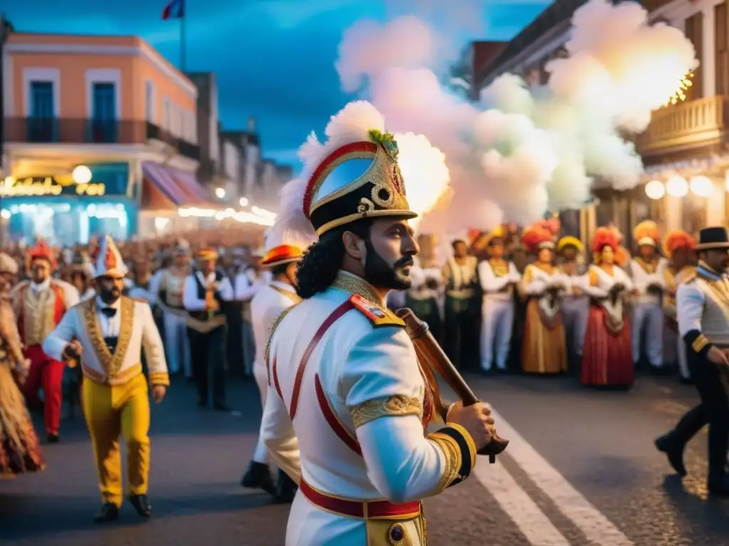 Vibrante pintura acuarela del Carnaval Uruguayo con desfiles, bailarines y espectadores bajo fuegos artificiales y confeti