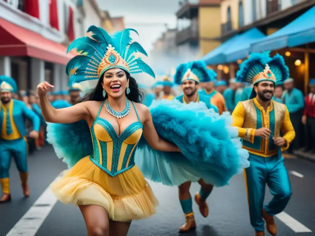 Vibrante pintura acuarela del Carnaval Uruguayo, con desfile de bailarines y músicos en movimiento, reflejando la tradición cultural