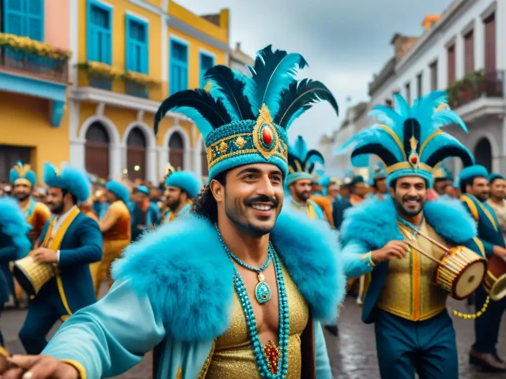 Una vibrante pintura acuarela del Carnaval en Uruguay, mostrando desfiles coloridos y energéticos