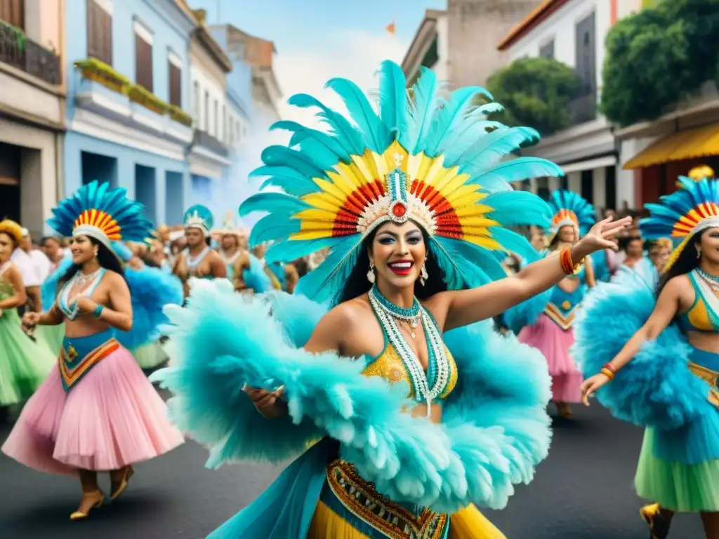 Vibrante pintura acuarela de Carnaval en Uruguay, muestra desfile de la Ruta del Tambor con danzas y músicos, ¡color y alegría!